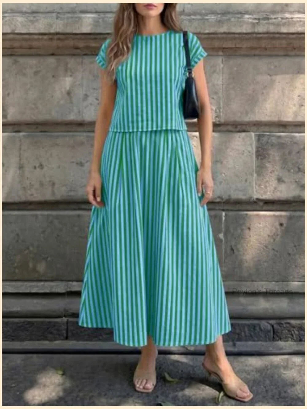 Striped 2 Piece Skirt Set Cap Sleeve Top Midi Dress Travel Vacation Outfits